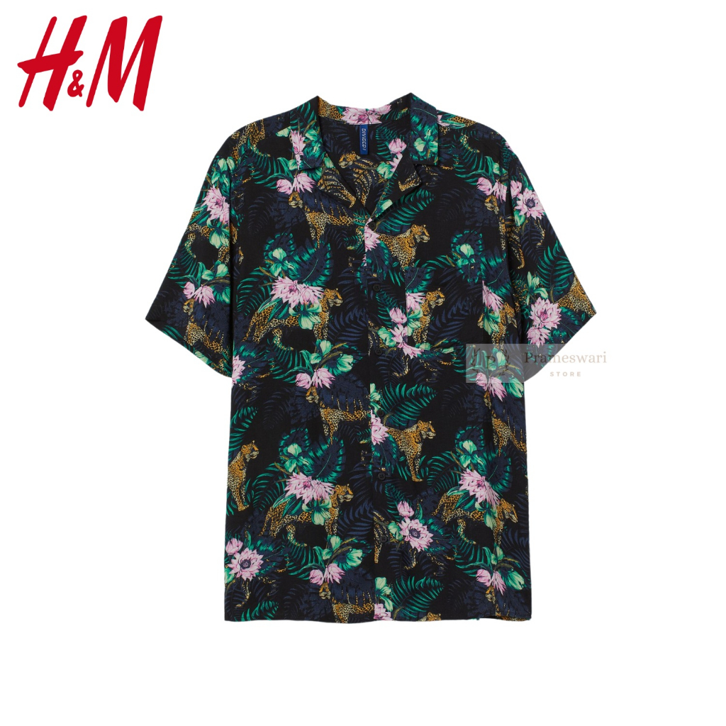 H&M Divided Patterned Resort Shirt Viscose Black Leopard / Kemeja Pantai Pria Rayon Hitam Macan Tang