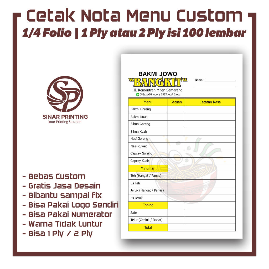 Nota Menu Custom - Nota Cafe - Nota Rumah Makan - Nota Custom 1/4 Folio 1 Ply 2 Ply