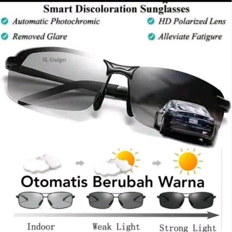 Kacamata Photochromic Anti UV Polarized Anti Silau Siang Dan Malam Sunglasses Hitam Pria