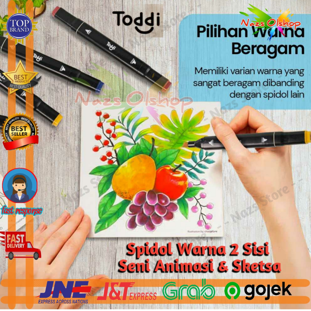 

Toddi Spidol Warna Warni 2 Sisi 1 set 12-80 Warna Sketa Set Fine Art Brush Pen Animation Marker