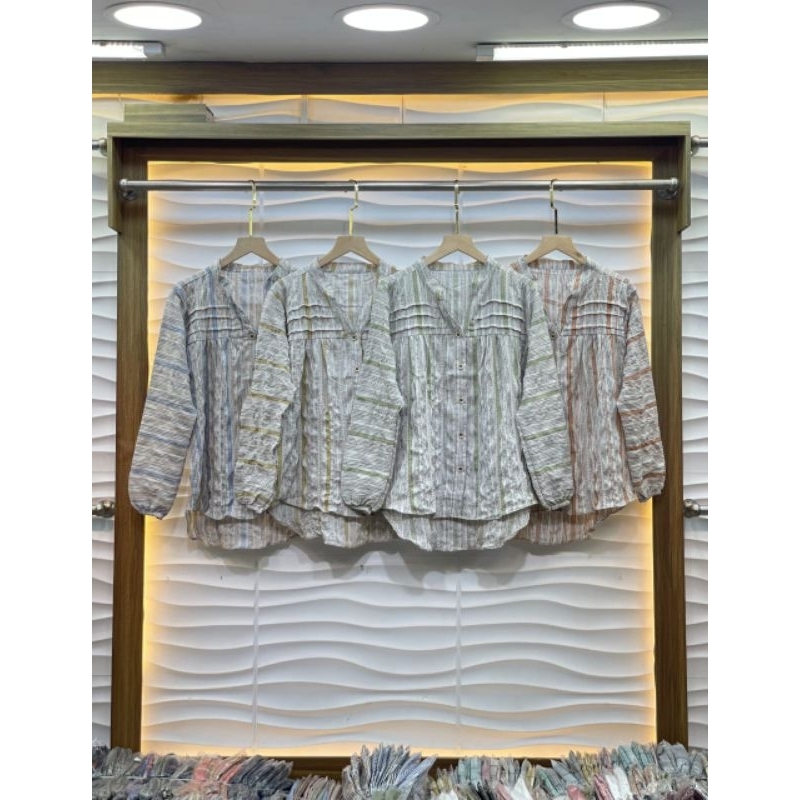 CRINKLE JOVITA | KEMEJA CRINKLE MOTIF SALUR | KEMEJA WANITA LENGAN PANJANG | GARIS KERAH SHANGHAI