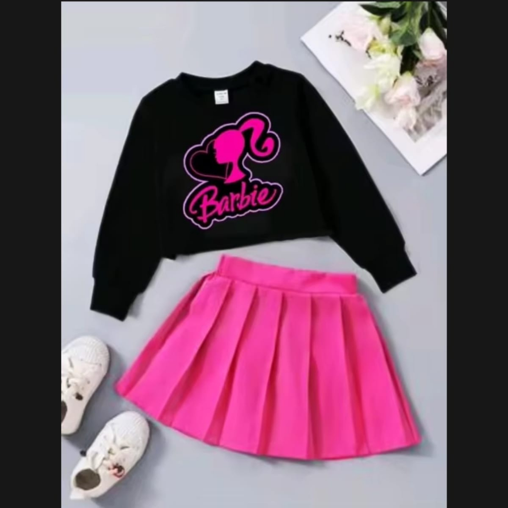 SETELAN BAJU KAOS  BARBIE VIRAL ANAK PEREMPUAN MODEL DRESS TERBARU