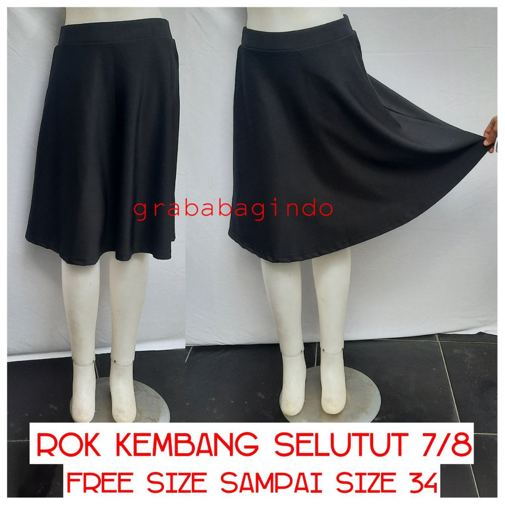 ROK PENDEK HITAM KEMBANG SELUTUT / MIDI FLARE SKIRT / ROK LEBAR PENDEK
