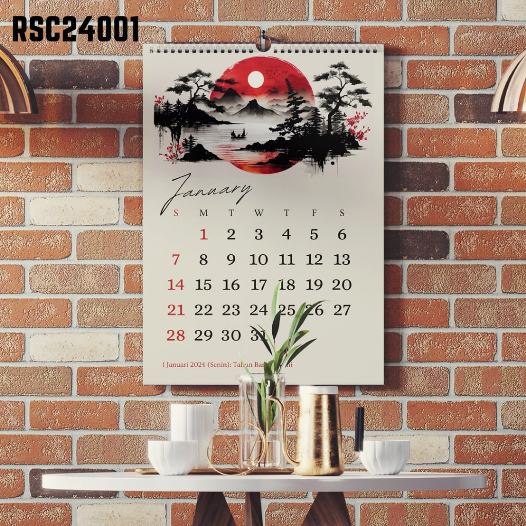 

Kalender Dinding Spiral 2024 Red Sun & Mountains Japanese Style INK Painting Calender aesthetic premium