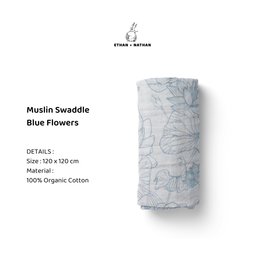 Ethan+Nathan Swaddle Blanket / Bedong Bayi Pattern - Blue Flowers