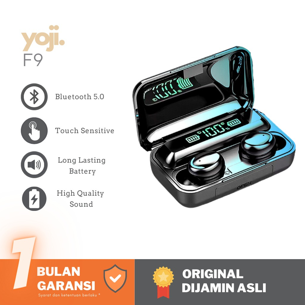 YOJI - Headset Handsfree earphone Bluetooth TWS F9 & M10 LED Smart Display with Powerbank