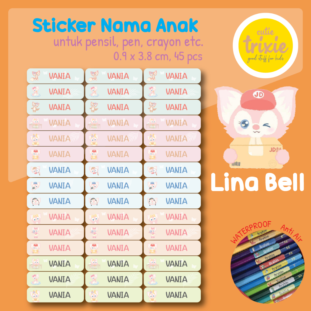 

Sticker label nama anak untuk pensil pen crayon Lina Bell