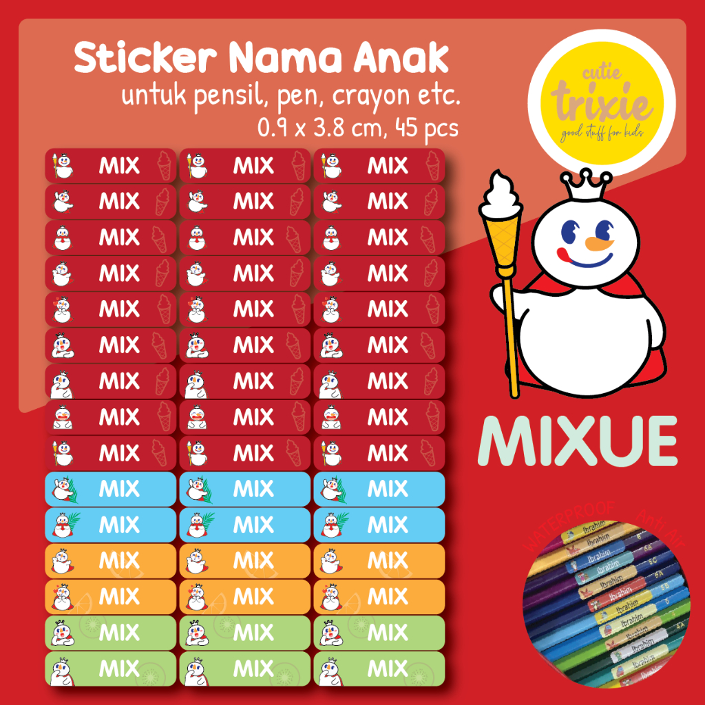 

Sticker label nama anak untuk pensil pen crayon Mixue