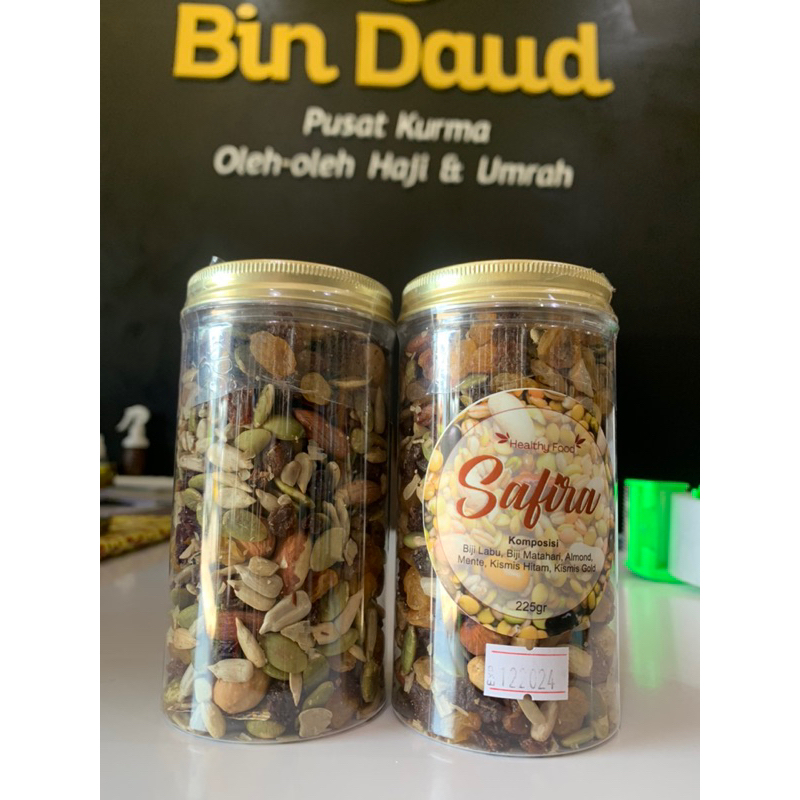 

MIX NUT SEED Healty Food Safira 225gram | Almond Roasted Kacang Mete Biji Buah Labu BIji bunga Matahari Kismis Hitam Kismis Gold