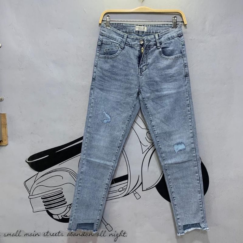 CELANA JEANS PENSIL WANITA BAWAH RAWIS SOBEK TIDAK TEMBUS (7005.1)