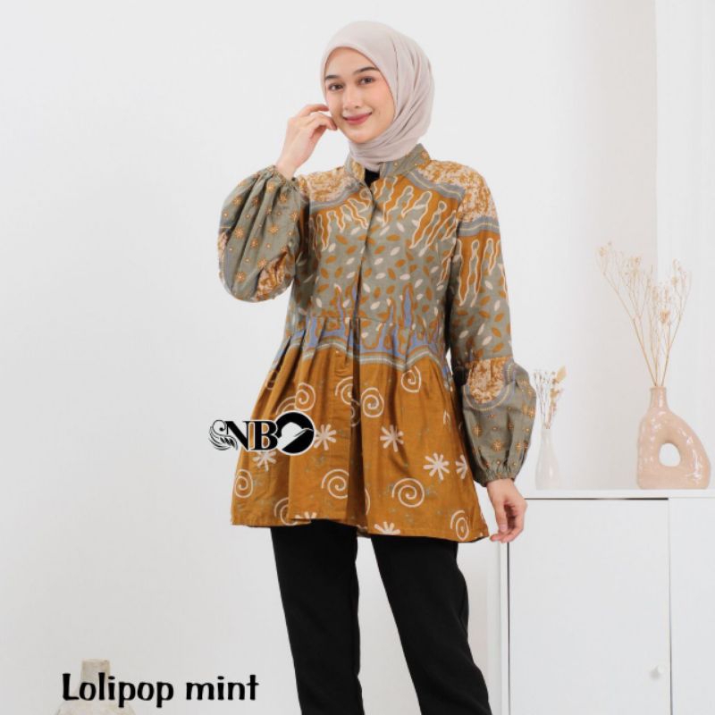 Batik Wanita Lengan Balon/ Kemeja Batik Wanita Modern / Seragam Batik Kantor Hijau Sage Biru Navy Denim Abu Ungu Lilac Merah Hitam Pink Kluning Lemon Yellow Lime