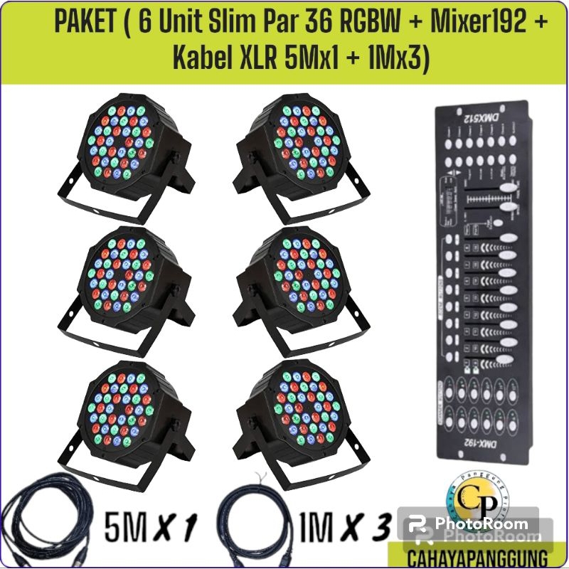 Lampu Panggung Lighting PAKET ( 6 Slim Par 36 RGB + Mixer 192 (DMX 512) + Kabel XLR 5 M x 1 + XLR 1M