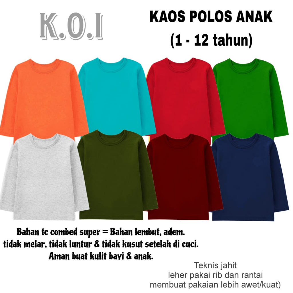 KOI - Baju Kaos Anak Polos Lengan Panjang - Atasan Kaos Anak Cowok Cewek
