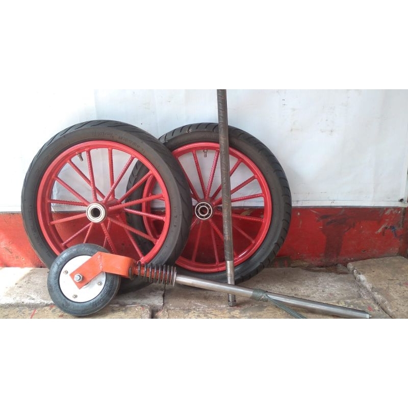Roda gerobak Dorong model behel ring 14  ruji 8 palang 16 satu set as + roda gletrek  .tinggal pasan