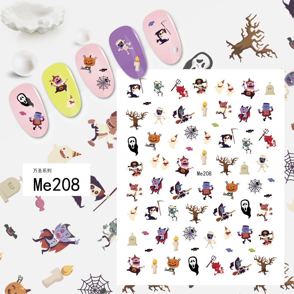 Cute Halloween Mummy Wolf Grave Candle Frankenstein Vamp Ultra Thin Nail Sticker Stiker Kuku Lucu Na