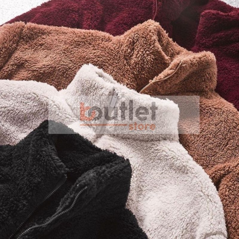 CUCI GUDANG Jaket Sweater Teddy Bear Sherpa Crop Uniqlo Crop Bulu Wanita