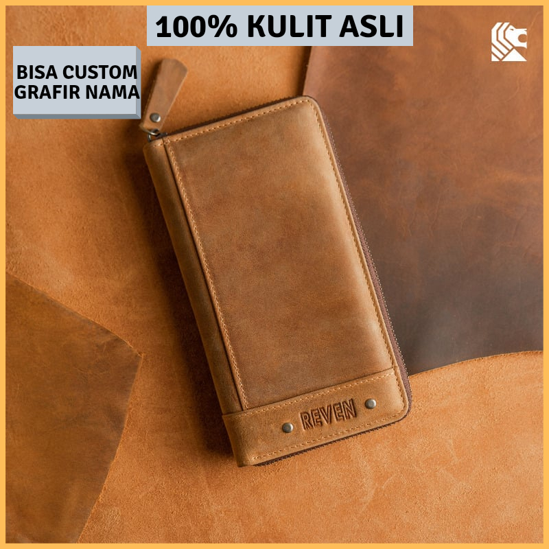 REVEN LEATHER - Dompet Panjang Abimana Pouch Mini Handbag Pria Bahan Kulit Sapi Asli 100% Premium Or