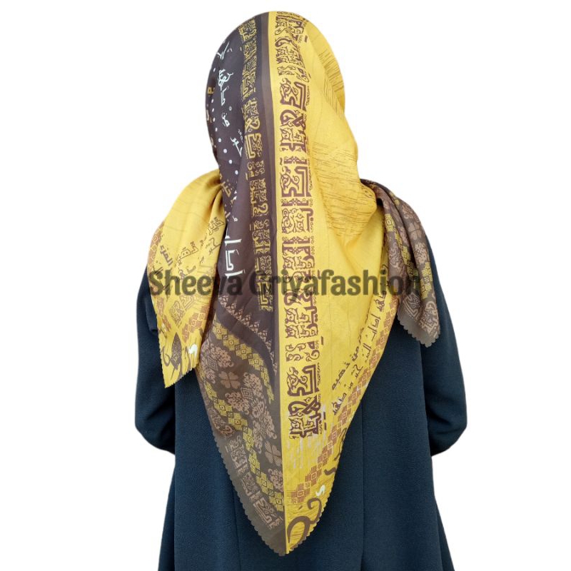 Jilbab Santri Segiempat Motif Tulisan Arab Mutiara Hikmah Warna Kuning Kerudung Arab Pegon Santri Po