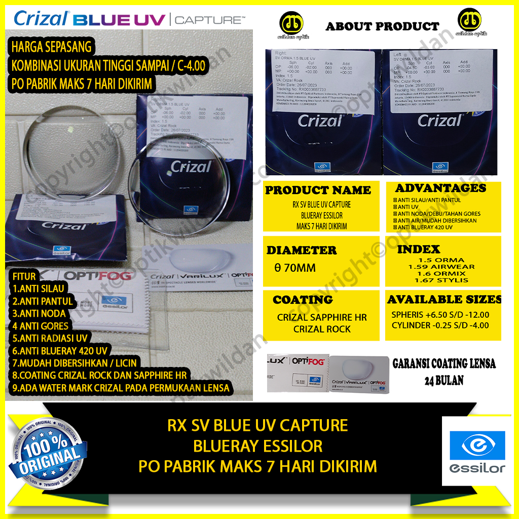 ESSILOR BLUERAY SV GOSOK/PO PABRIK BLUE UV CAPTURE COATING CRIZAL TERBARU
