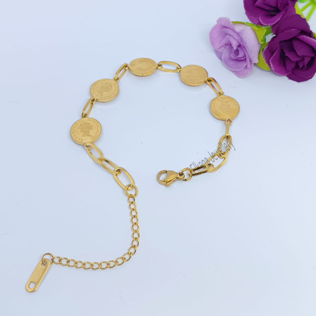 GELANG TITANIUM RANTAI COIN RATU UKIR ANTI LUNTUR DAN ANTI KARAT (COD)