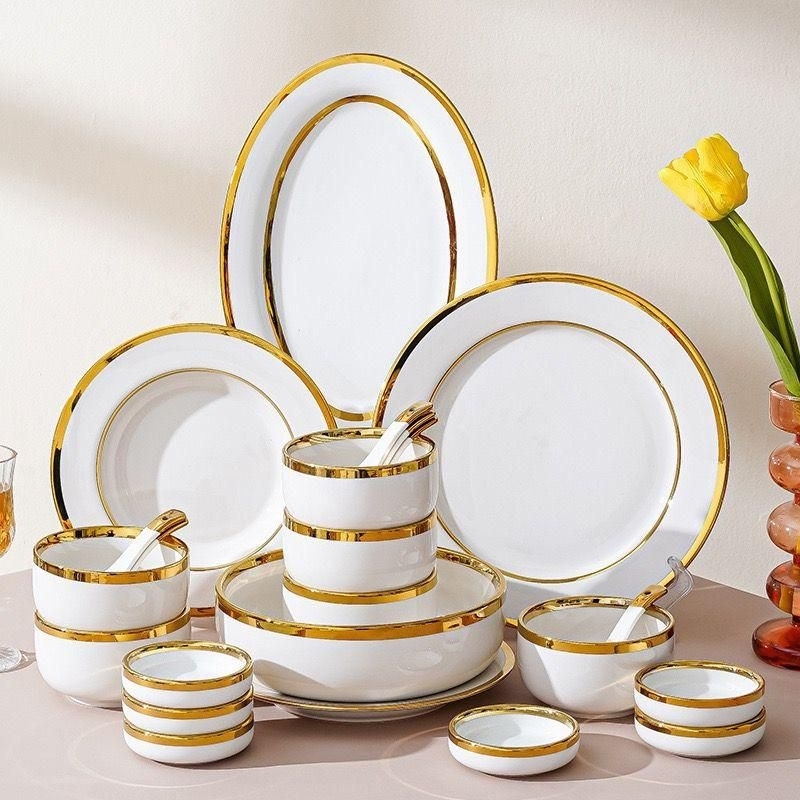Set Piring Unik Keramik Ceramic Plate Set White Gold Putih List Emas Mewah Piring Gold Keramik Pirin
