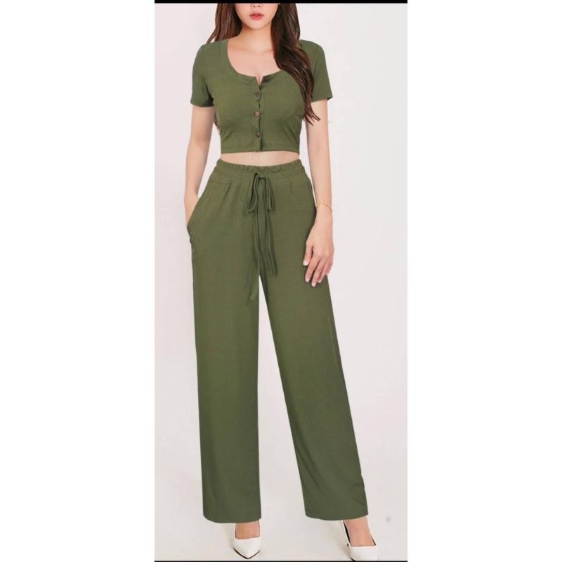 Yeors Rib Knit Set Crop Top Premium BKK Bangkok Kancing Depan Import Only / Setelan Knit Import Bang