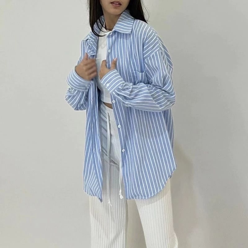 COD/ KEMEJA OVERSIZE KOREAN STYLE/ KEMEJA OVERSIZE KATUN GARIS SALUR BIRU /KEMEJA SANTAI KERJA BLOUS