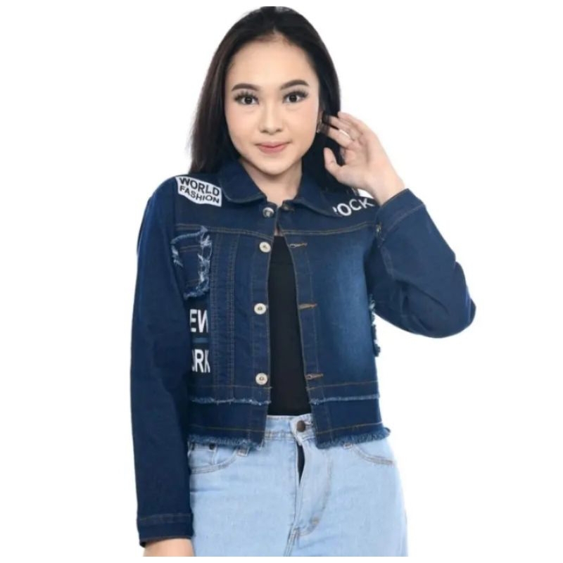 Jaket Jeans Denim Wanita Jaket Denim Tulisan Rock Model Rawis Jaket Wanita Denim Import Terbaru