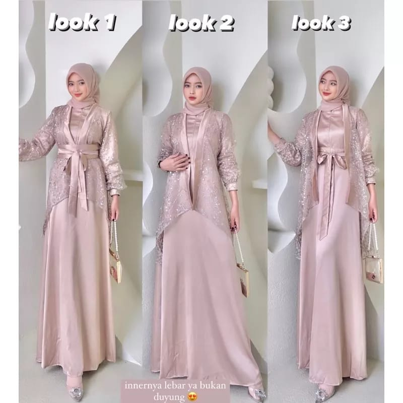 Fuji Dress Outer Brukat Long Dress Satin Silk Gamis Muslim Kondangan Busui