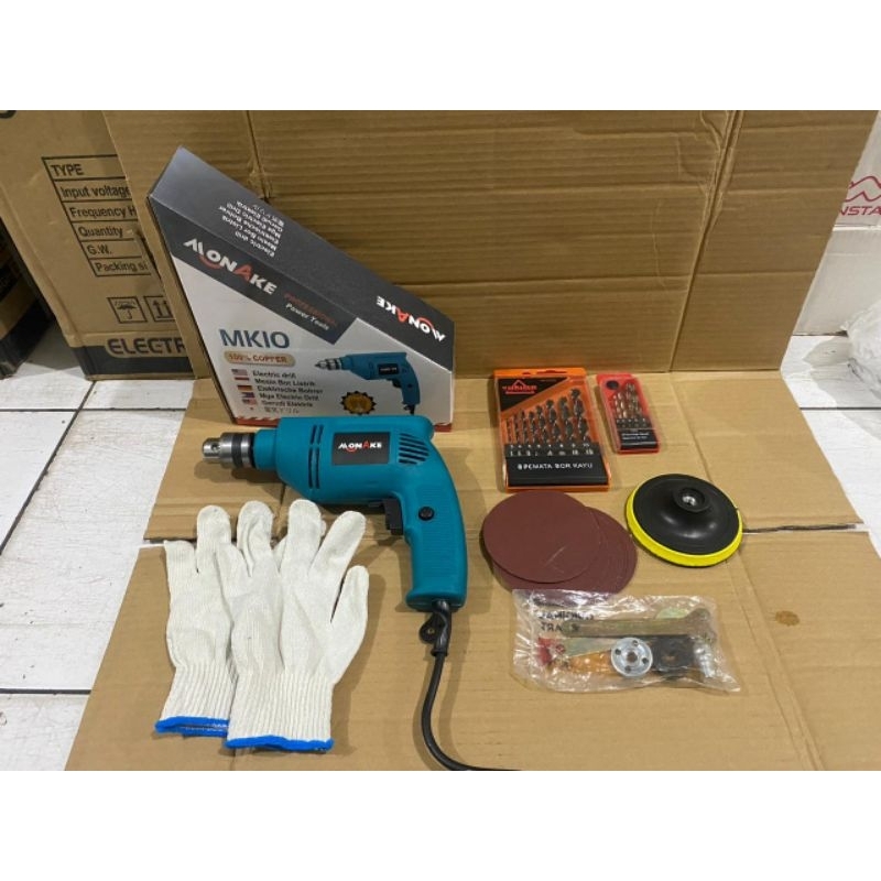 Paket Lengkap Mata Bor Besi Kayu, Amplas/ Poles Mesin Bor 10mm bolak balik Bor Tangan 10mm Variable 