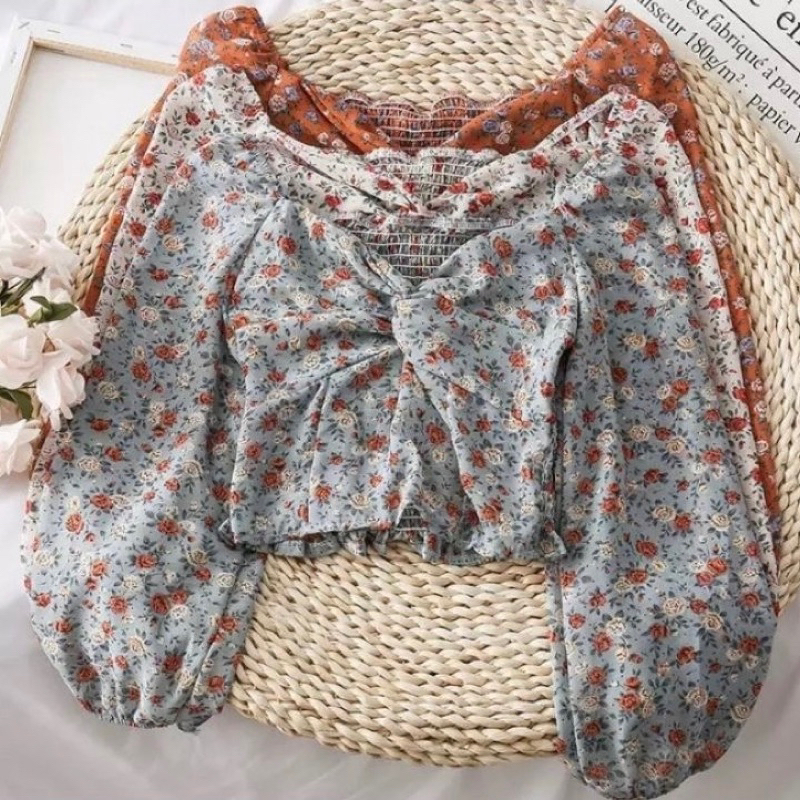 Sabrina Blouse Crop Top Daisy Floral Longsleeve Sexy Flower Atasan Wanita Import Blus Vintage Baju C