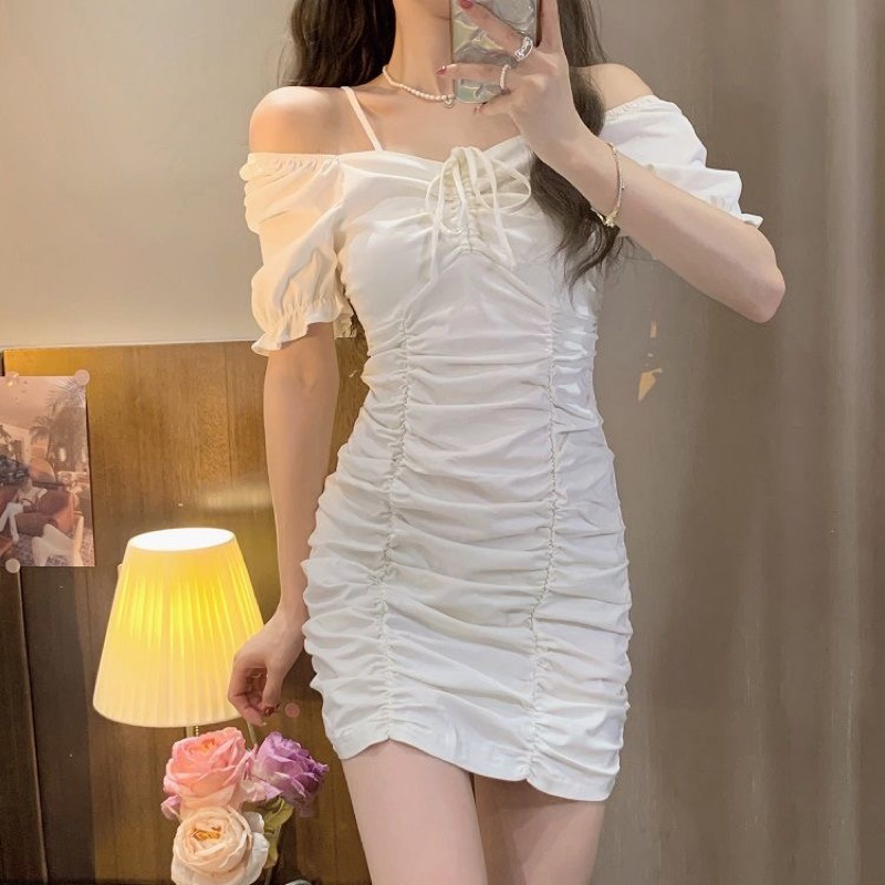 Dress Wanita Gaun Korea Putih White Girl Vintage Puffy Midi Dres Hot Sexy Party Pantai Bodycon Impor