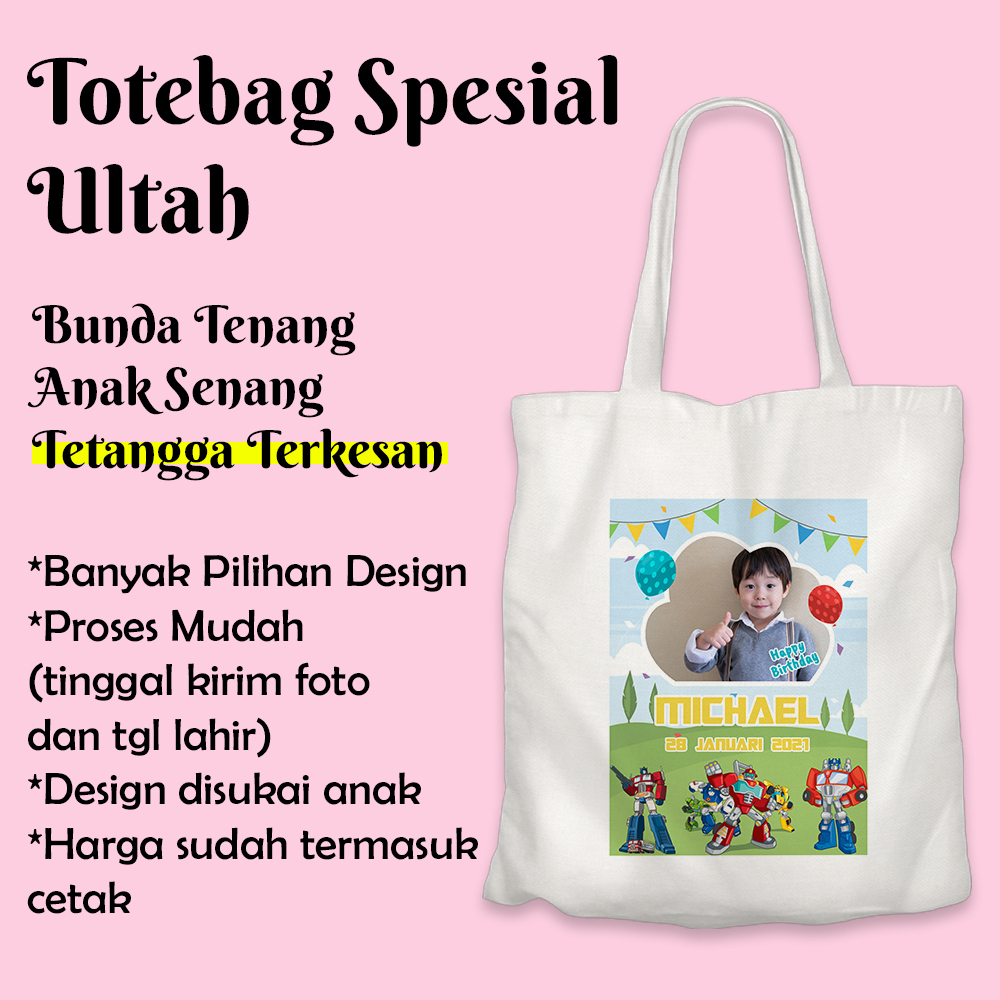 Tas Ulang Tahun Anak  FREE CUSTOM Totebag Ulang Tahun Anak Laki Laki Custom Kanvas Tas Ultah Goodie 