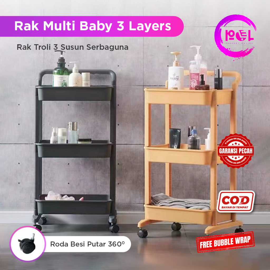 [POL] COD Rak Troli Kamar Serbaguna HITAM  | Rak Troli Kamar Tidur ABS Removable 3 Susun Tegak Penyimpanan | Rak Multibaby