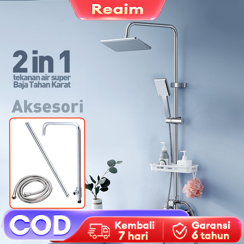 REAIM Shower Kamar Mandi 2 Dalam 1 Set Keran Original Shower Dengan Faucet Sprayer Faucet Panas Hand Shower Shower Set Full Stainless Shower Colum Set Mandi