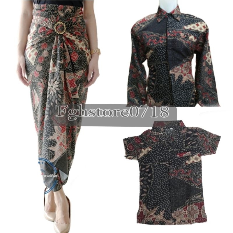 Kemeja Batik Lengan Panjang Pria Couple Batik Anak dan Rok Lilit SR Maroon