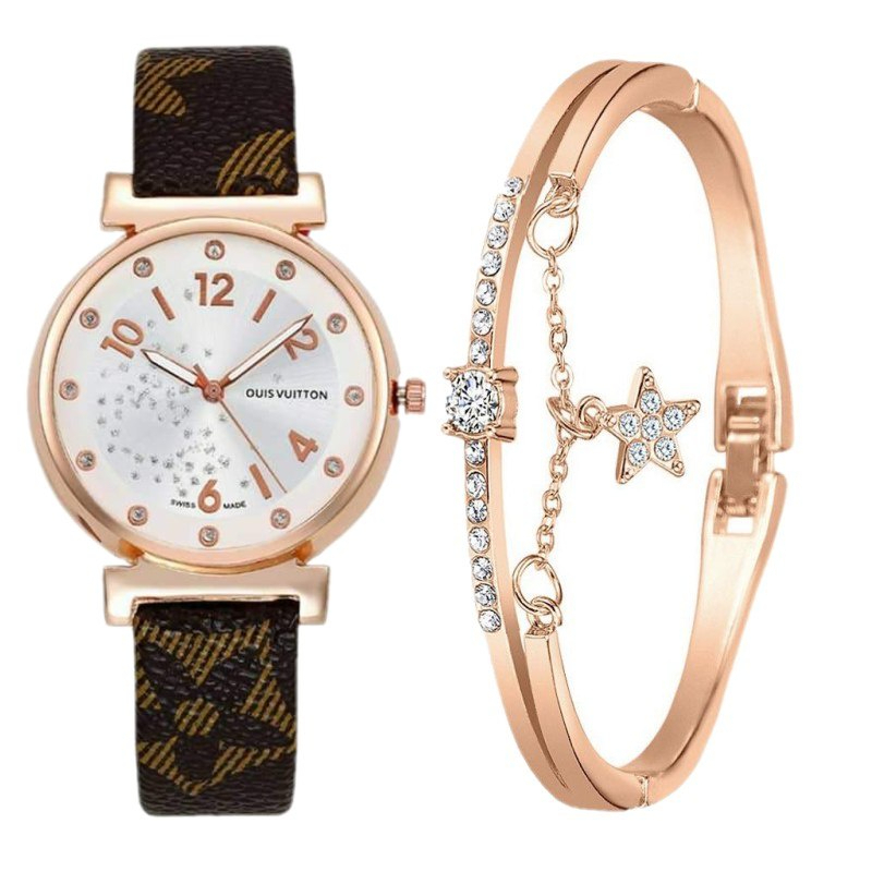 43. MAXCO WATCHES JAM TANGAN WANITA LV WANITA TALI KULIT KEREN BONUS GELANG DAN KOTAK