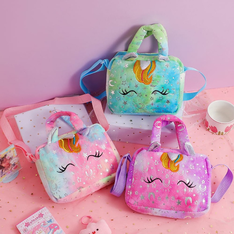 Tas Selempang Unicorn Bludru Halus Slingbag Anak Perempuan Tas Tote Bag Traveling Anak