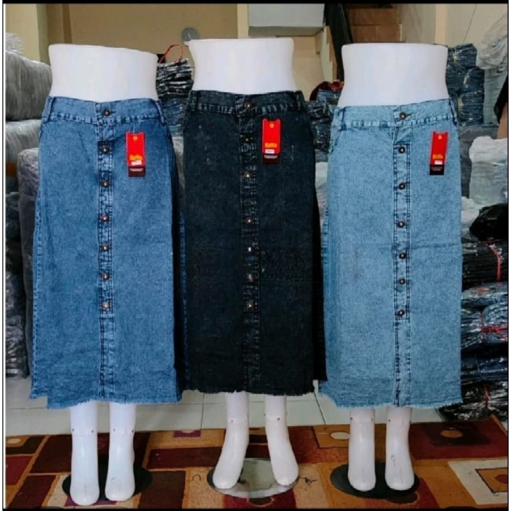 Viral Rok Jeans Panjang Gisca kancing depan Rok model viral 2023  // Rok Jeans Wanita Kancing Premiu