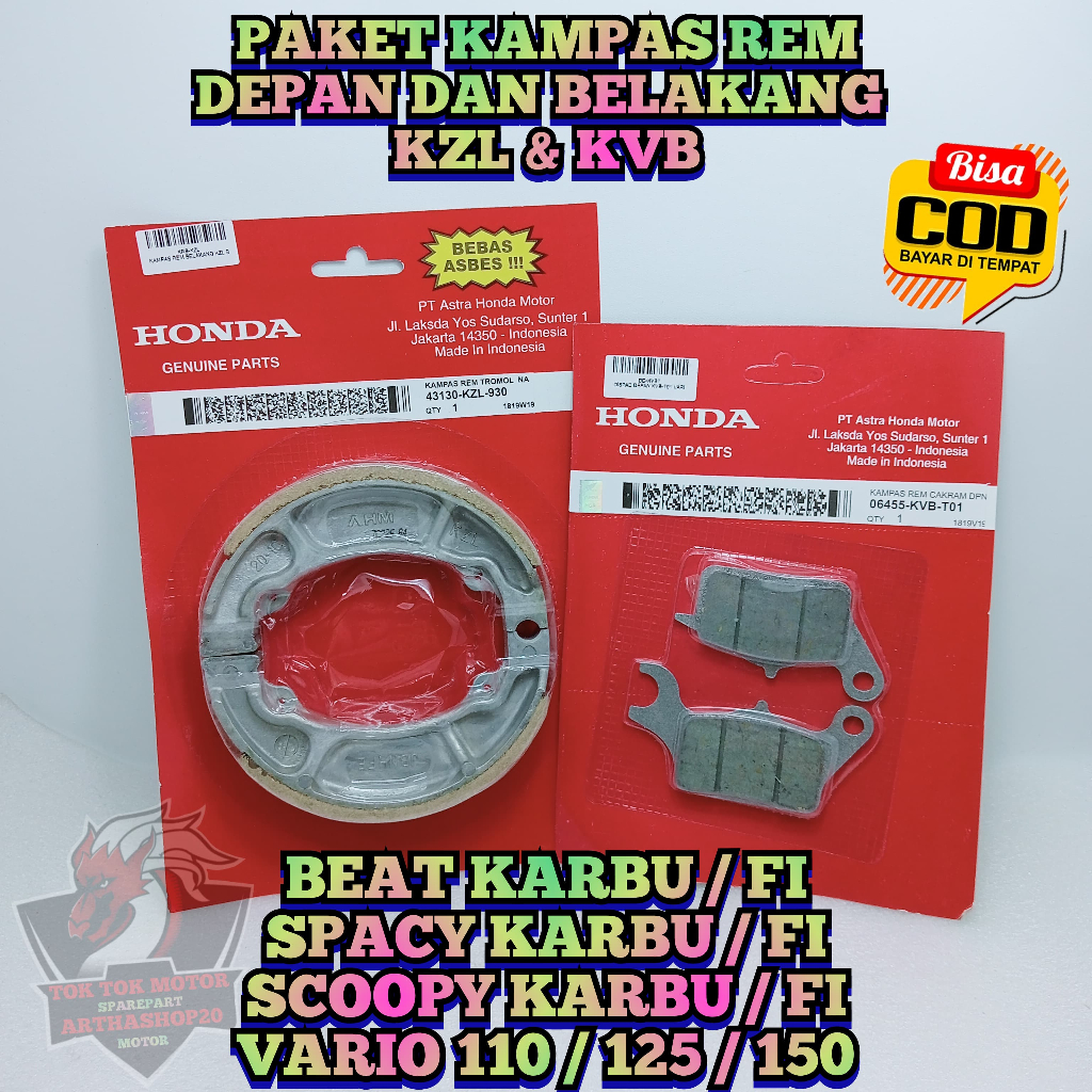 Paket Kampas Rem Belakang KZL + Dispad Depan KVB Motor Honda BEAT KARBU , Beat FI Injeksi , SPACY CA