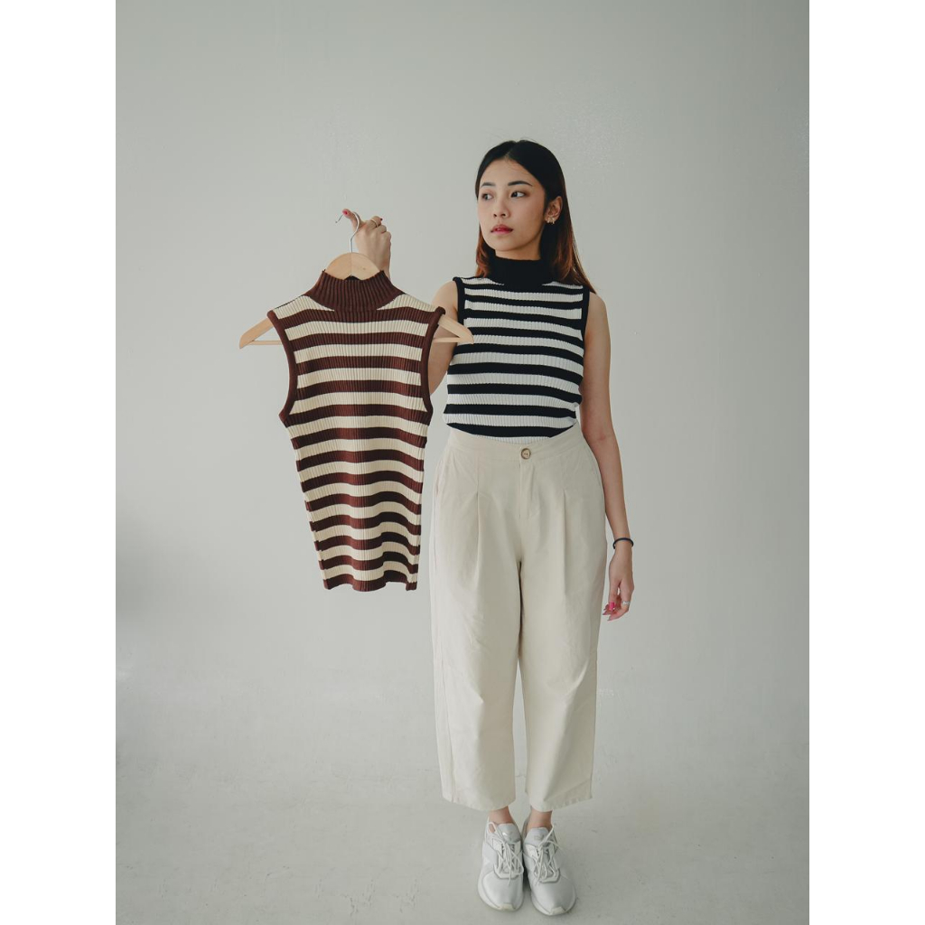 Senyawa - Atasan Wanita Stripes Halter Tanks - turtle neck atasan rajut knit tank top salur