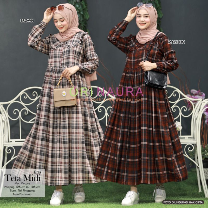 Teta midi dress by ori naura / gamis square / midi dress motif kotak - kotak / mini dress / gamis re