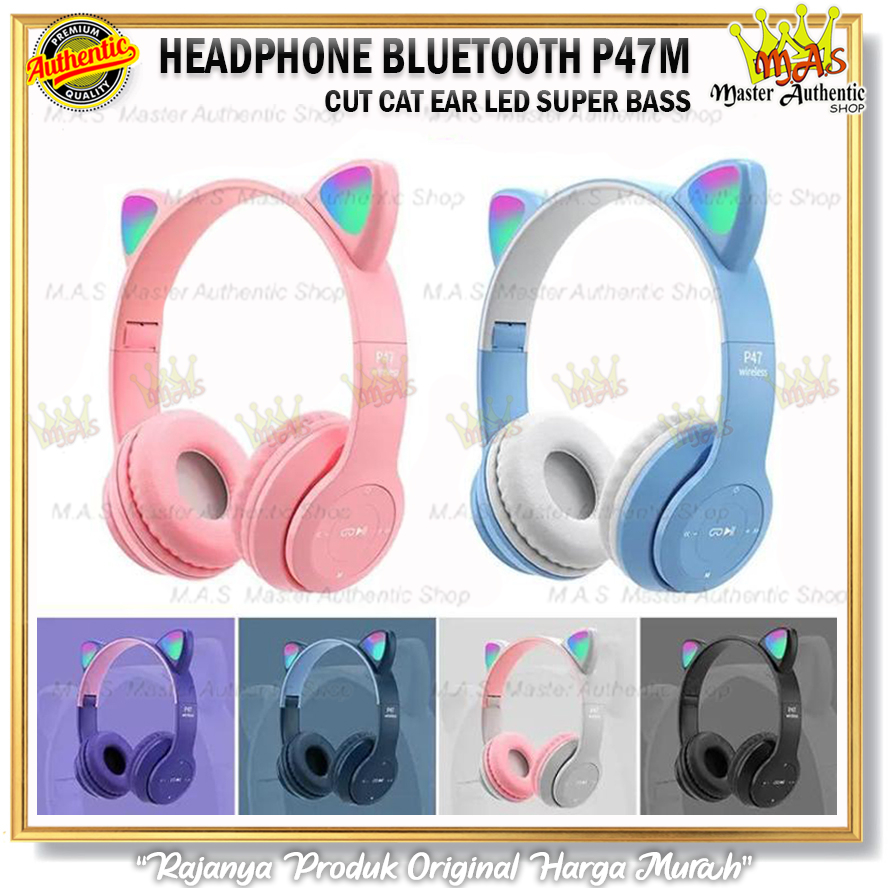 Headphone Wireless Bluetooth P47M Cat Ear Headset Bando Stereo Bass
