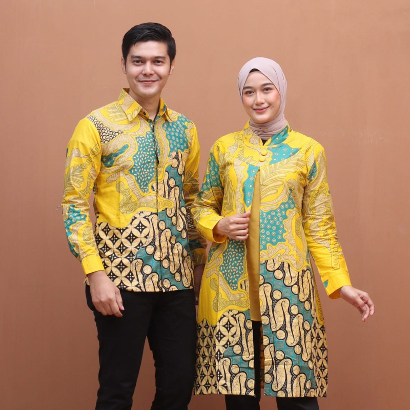 Couple Tunik Belore Best Seller Kemeja Pria Lengan Panjang Motif Brotoseno Kuning