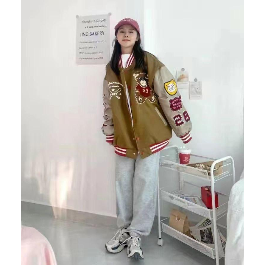 JAKET VARSITY WANITA OVERSIZE - BEAR EMBRIODERY BASEBALL JACKET - STREET KOREAN STYLE TERBARU