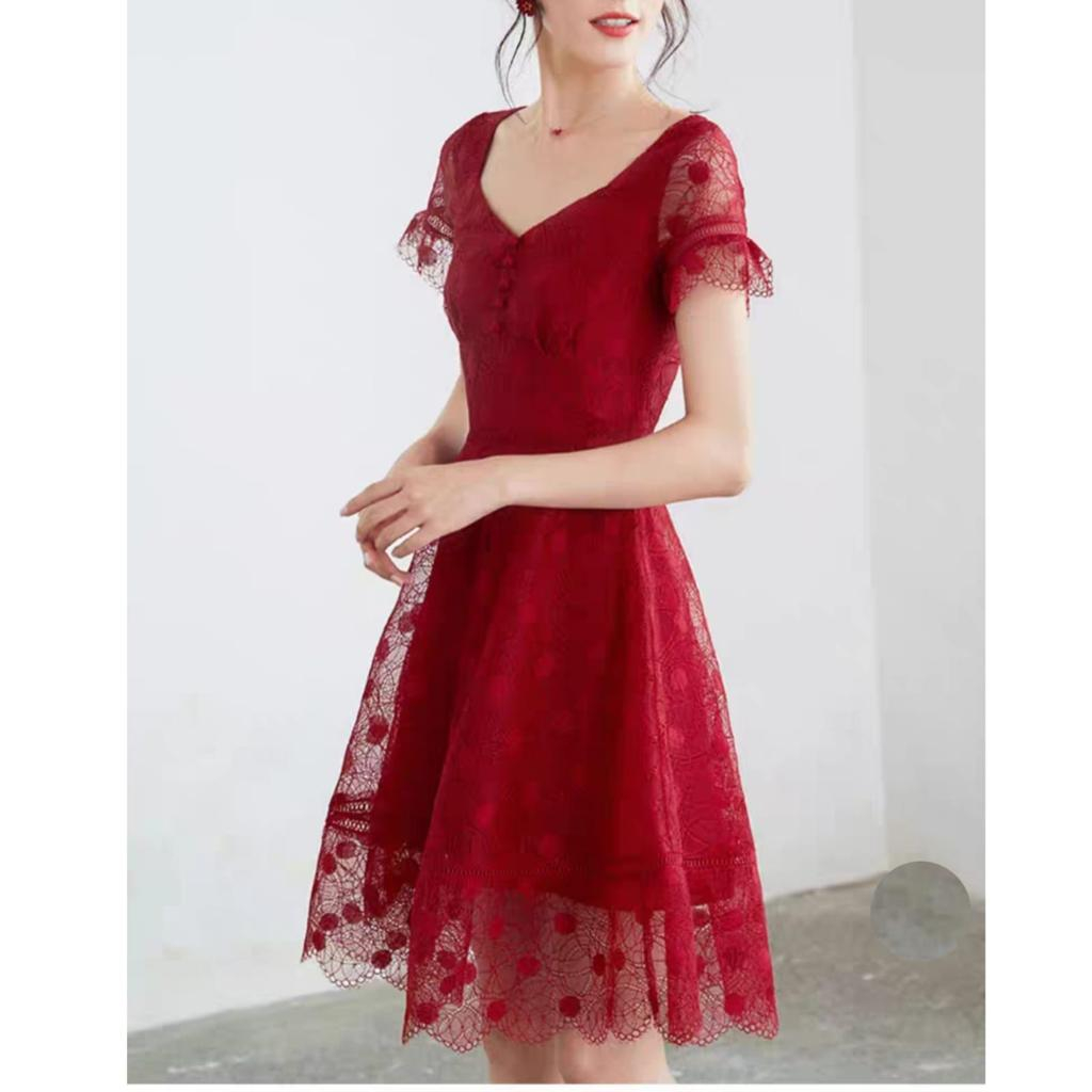SALE MURAH DRESS 0980 3M THREE M CNY TANSY RED LACE FLARE DRES KOREA KOREAN FASHION HARGA GROSIR LAR