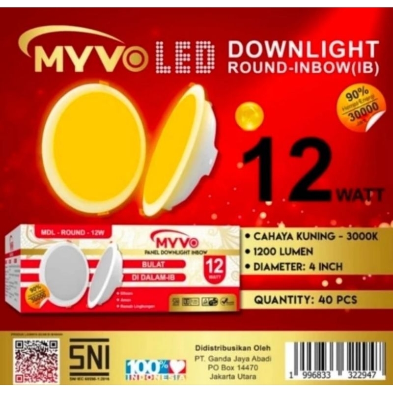 Downlight Led Inbow 12 Watt Cahaya Kuning 3000K Myvo