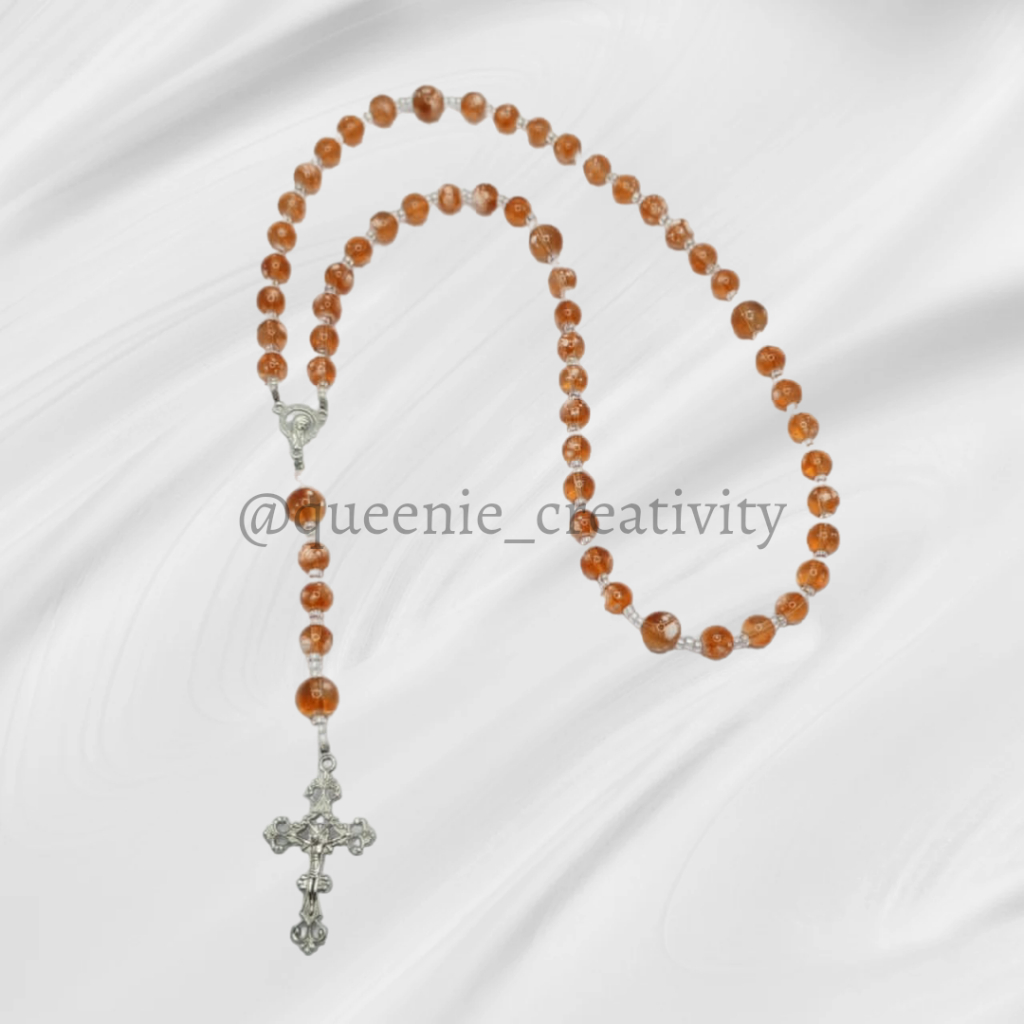 Ready Kalung Doa | Rosario Batu Kaca Orange | Rosario Liontin Salib