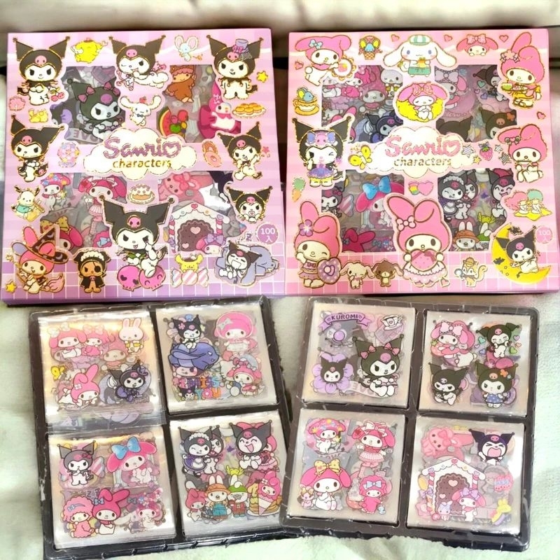 

1 pack isi 100 Lembar Pcs Stiker Box Merk SENRIO kuromi stela lou Momo Sticker Set korea