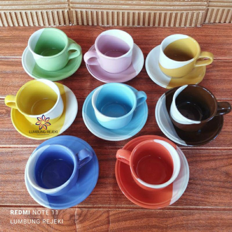 CANGKIR KERAMIK TWOTONE SET 1CANGKIR+TATAKAN / CANGKIR KOPI KERAMIK WARNA TWOTONE ESTETIC / CANGKIR 